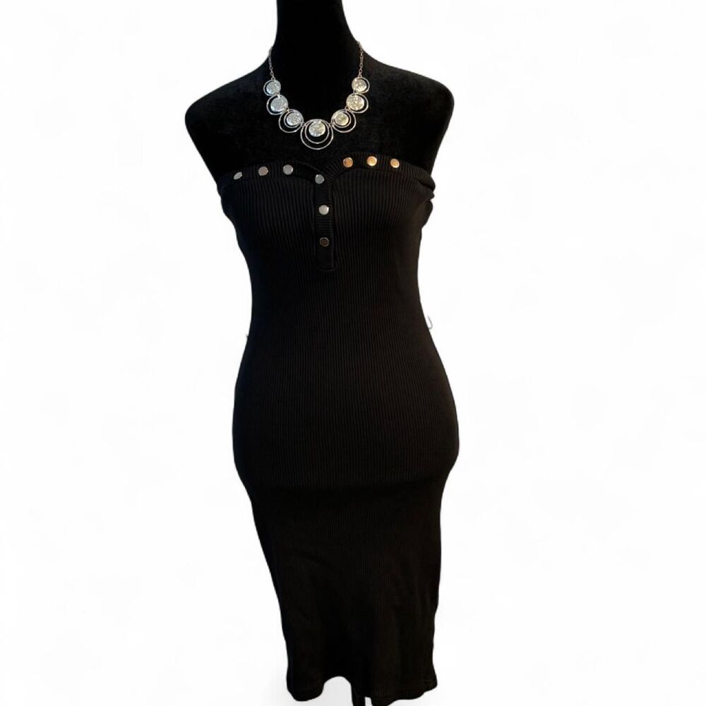 90s Minimalist Black Ribbed Knit Strapless Midi Dress — Gold Stud Detail